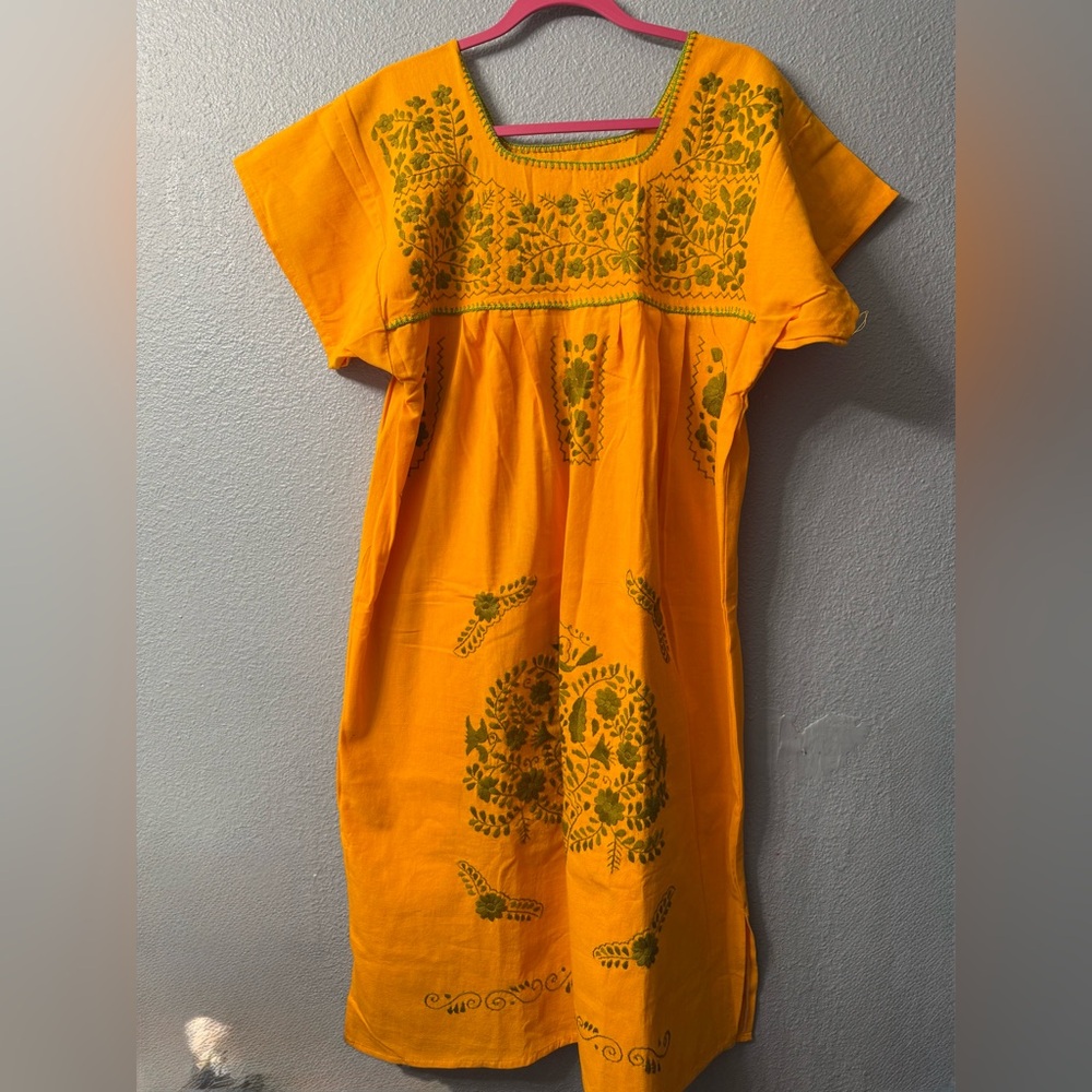 MEXICANA Yellow Midi Dress with Green Embroidery nwot size M